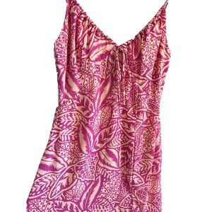 Printed Midi Dress Tropical Pink Vacation Sundress Milkmaid Deep V Beach Glam XS
